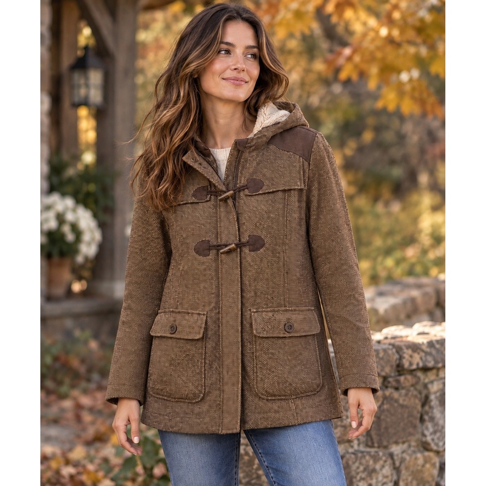 prAna Megan XL Brown Tweed Wool Blend Hooded Toggle Jacket Duffle Cottagecore